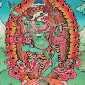 Image shows the green Lion-faced Dakini in dancing posture, from the Dudjom lineage